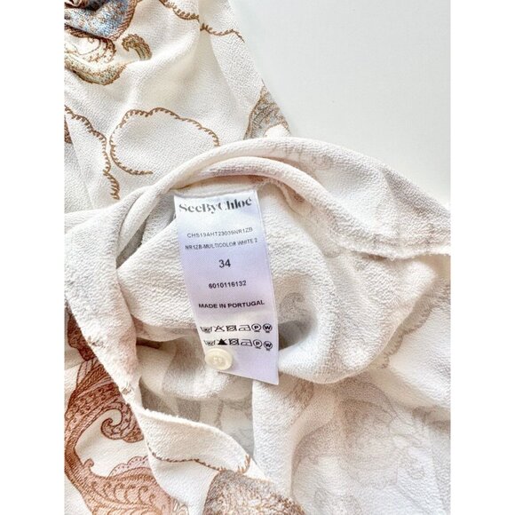 SEE BY CHLOE White Floral Paisley Print Crepe Puff Sleeve Blouse, Size 34/XXS - Picture 14 of 16